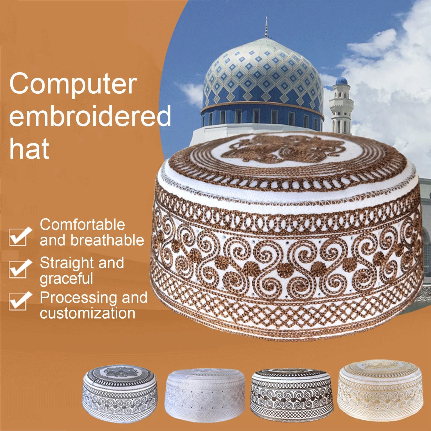 Traditional Embroidered Kufi Hat for Men - Islamic Prayer Cap